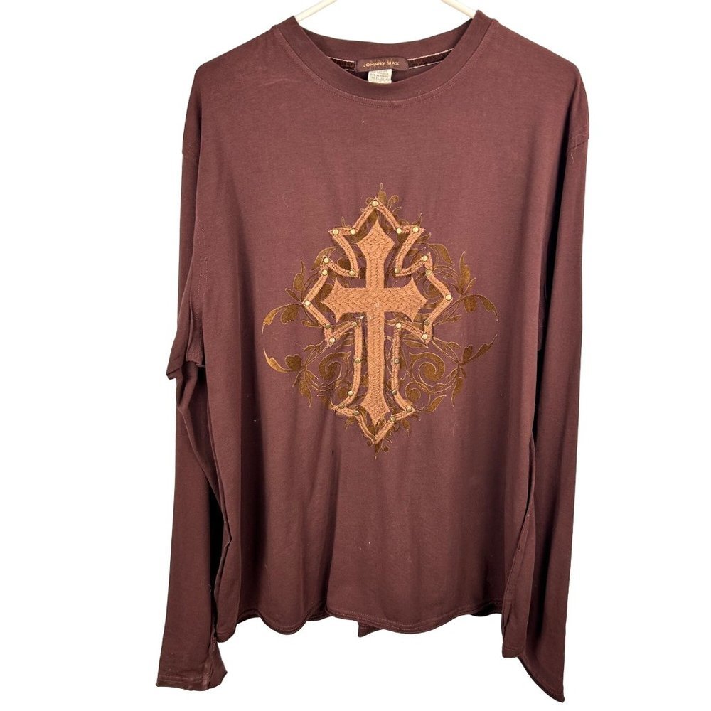 Johnny Max Mens Shirt Size Large Long Sleeve Christian Cross Faith Embroidered